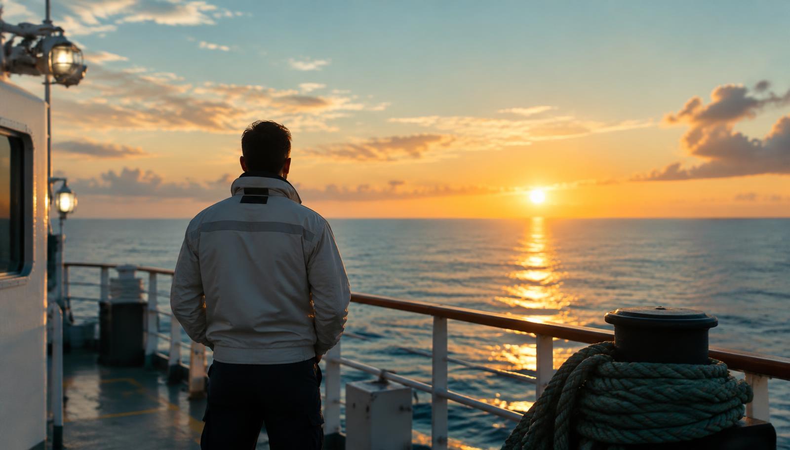 A crew member stretching on a ship deck at sunrise